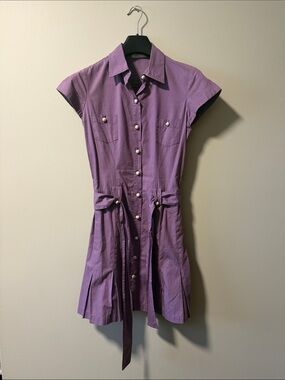 Purple Button-Front Shirt Dress with Waist Tie